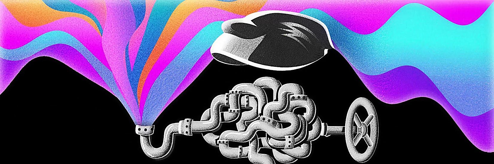 Illustration from Sam Harris's film: a mechanical brain releasing psychedelic colour waves